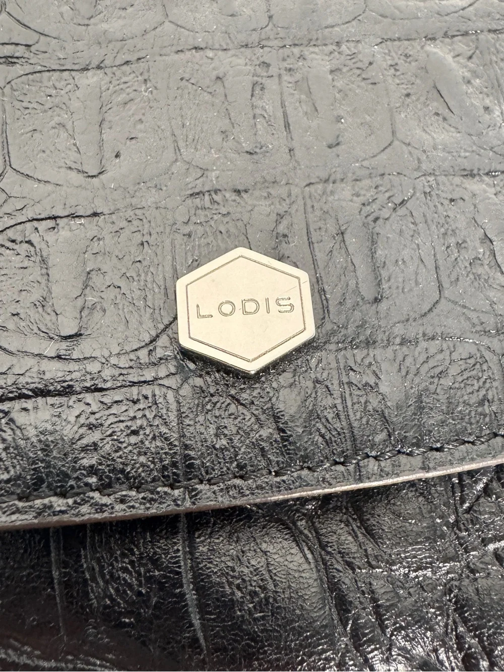 Lodis Black Leather Croc Embossed Crossbody